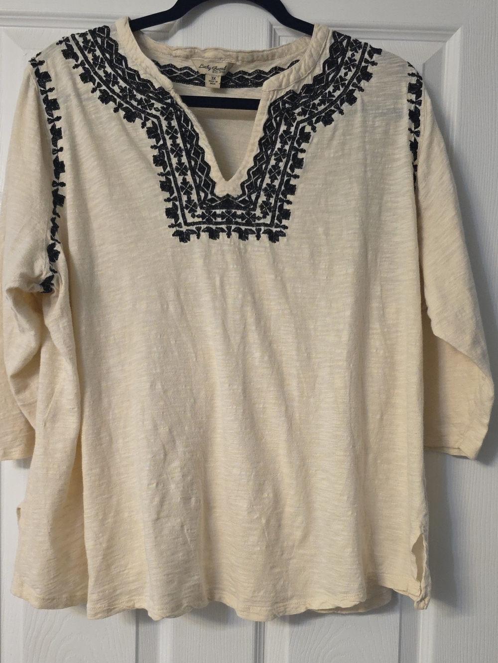 Lucky Brand Cream Tunic with Black Embroidered V-Neck